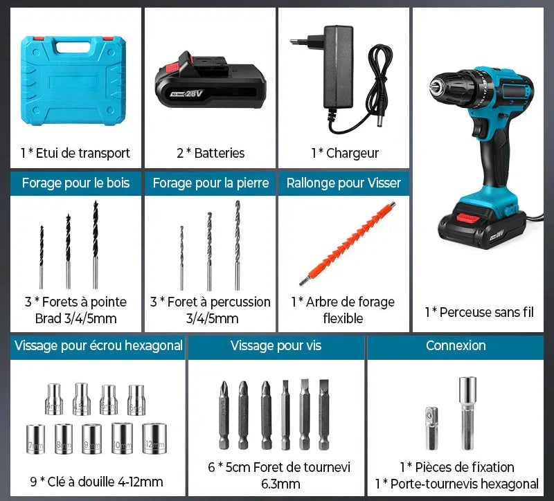 Perceuse sans fil Makita® avec percuteur + 24 accessoires + 2 batteries 48v