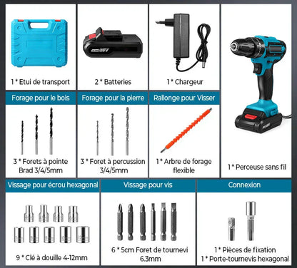Perceuse sans fil Makita® avec percuteur + 24 accessoires + 2 batteries 48v