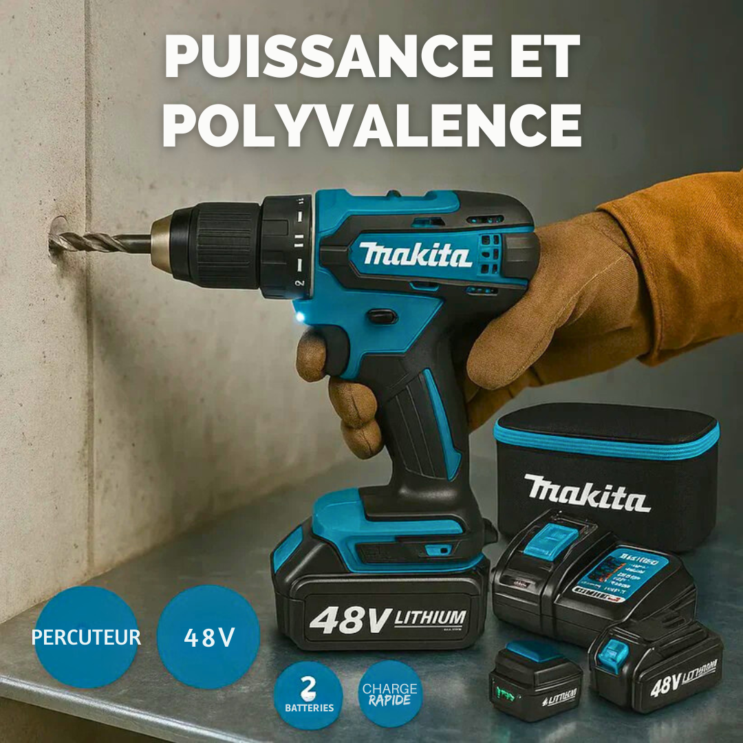 Perceuse sans fil Makita® avec percuteur + 24 accessoires + 2 batteries 48v